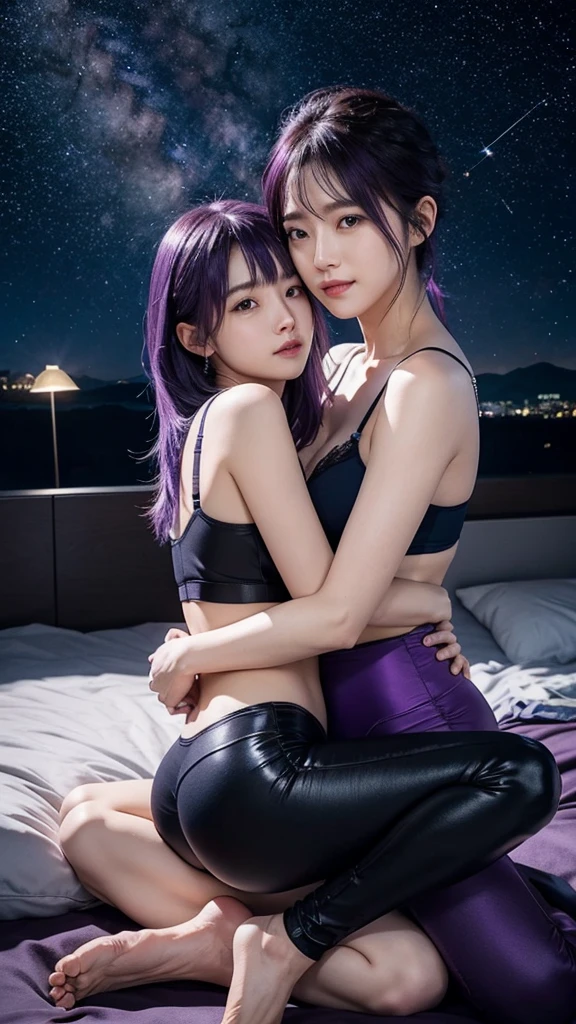 AIBeauty、Prompto hugs a dog、constellation、Night Sky、starry sky zoo、Real Beauty、Show off your whole body、Purple hair bra top、leggings、Spread your legs