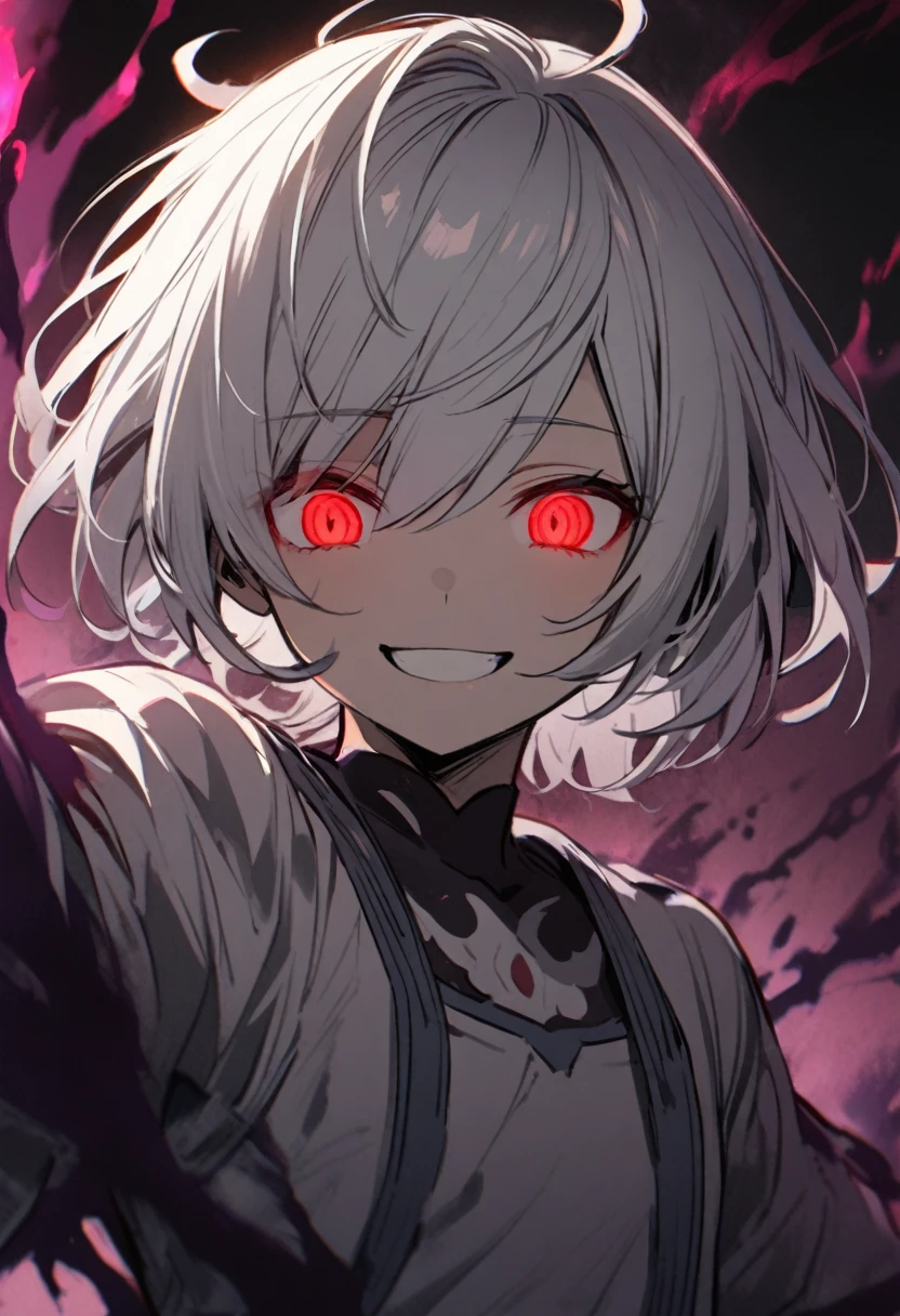 1 children, boy, red eyes, glowing eyes, white hair, dark aura, smilling