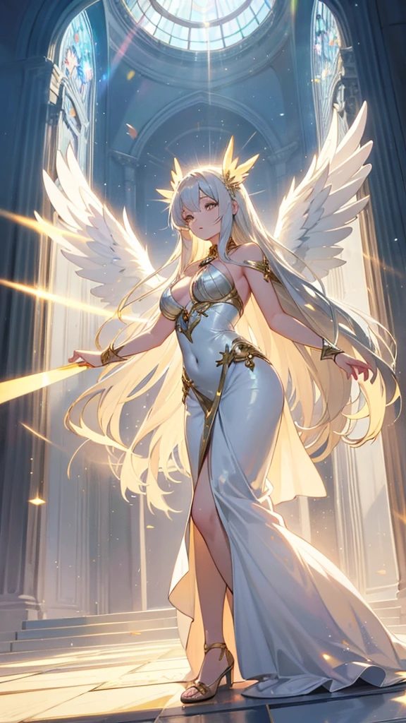 a beautiful twin goddess, silver-haired and golden-haired, divine, gorgeous, majestic, radiant, rays of light, pure white angelic wings, high quality, high resolution, masterpiece, anime style, full body