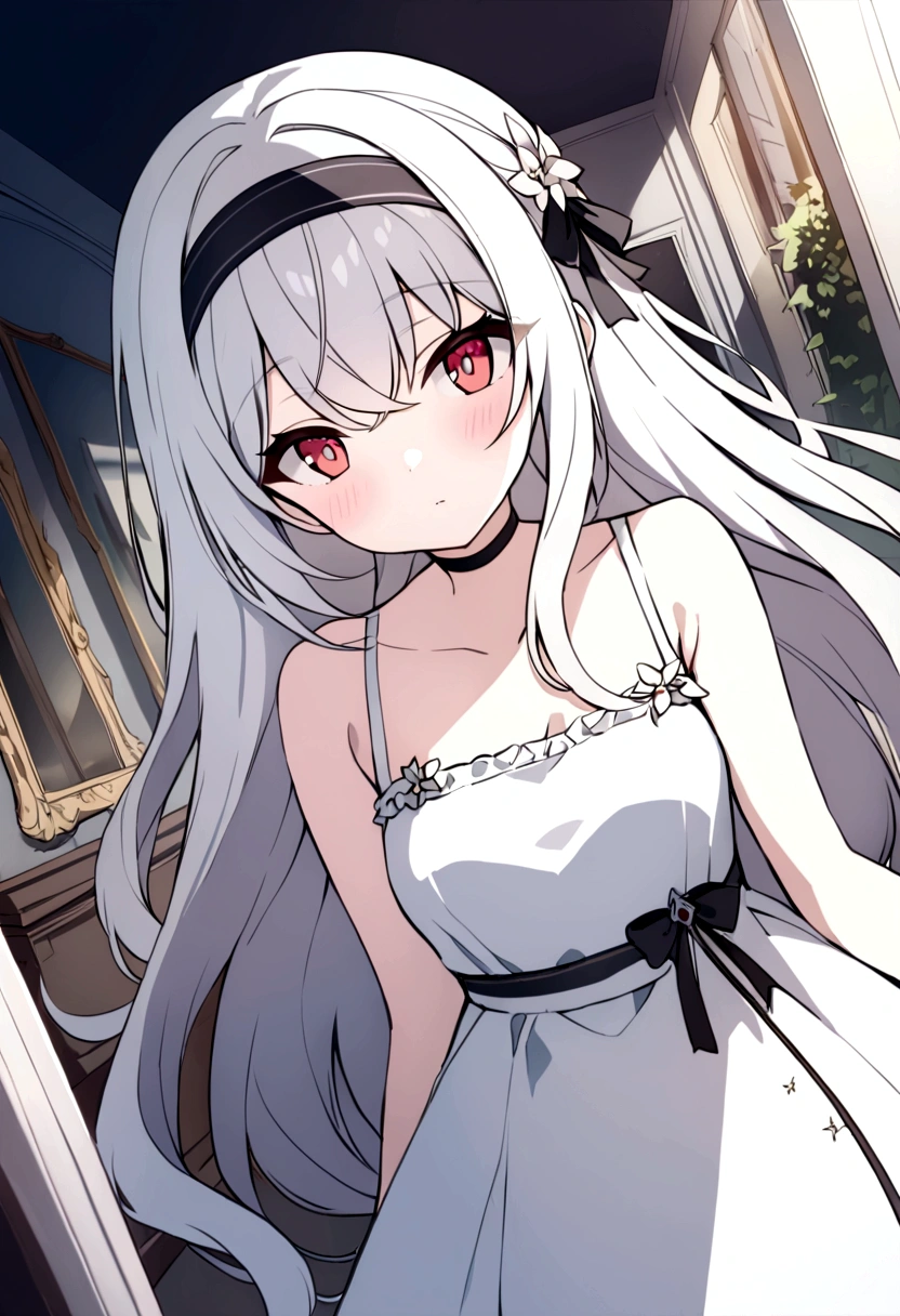 ((masterpiece, best quality))++, Detailed lighting+, Detailed hair+, Detail hand+ ,1 girl, Miss, Long hair, Crimson eyes, beautiful eyes, young white hair,,(Beautiful white hair:1.5),(Beautiful and delicate eyes), high resolution+,glass tint, Reflective eyes, {{angle}} , Very detailed wallpaper, The original, ,Sea of Flowers,Air bangs,city road,Extremely beautiful CG,Girls shopping,Headband,Gray eyelashes