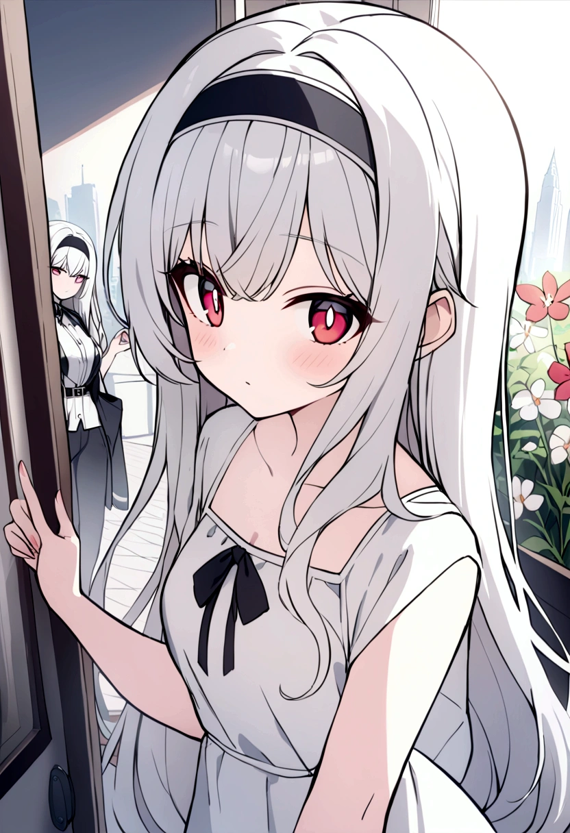 ((masterpiece, best quality))++, Detailed lighting+, Detailed hair+, Detail hand+ ,1 girl, Miss, Long hair, Crimson eyes, beautiful eyes, young white hair,,(Beautiful white hair:1.5),(Beautiful and delicate eyes), high resolution+,glass tint, Reflective eyes, {{angle}} , Very detailed wallpaper, The original, ,Sea of Flowers,Air bangs,city road,Extremely beautiful CG,Girls shopping,Headband,Gray eyelashes