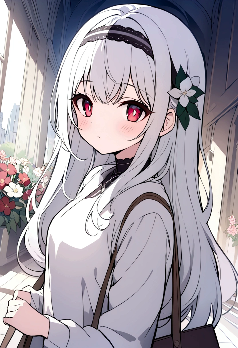 ((masterpiece, best quality))++, Detailed lighting+, Detailed hair+, Detail hand+ ,1 girl, Miss, Long hair, Crimson eyes, beautiful eyes, young white hair,,(Beautiful white hair:1.5),(Beautiful and delicate eyes), high resolution+,glass tint, Reflective eyes, {{angle}} , Very detailed wallpaper, The original, ,Sea of Flowers,Air bangs,city road,Extremely beautiful CG,Girls shopping,Headband,Gray eyelashes
