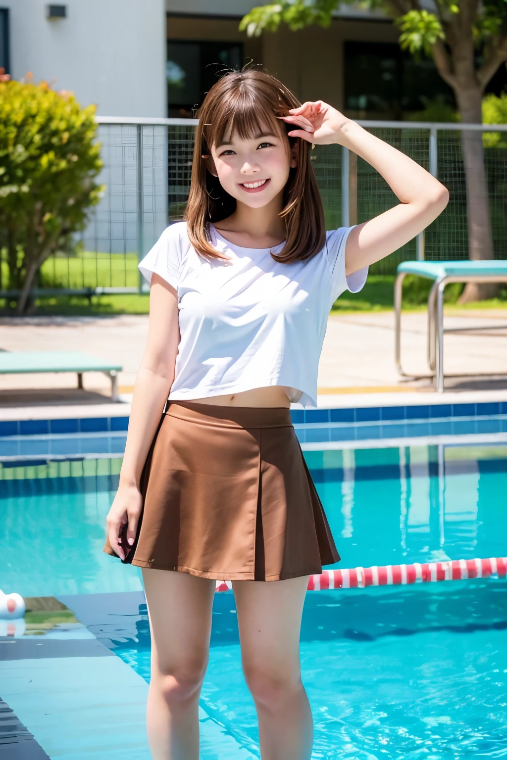 The empty school poolside、Japanese 、mini skirt、Wearing cute clothes、Standing barefoot、Brown Hair、Gal type、Cute face、Smiling、Full body portrait