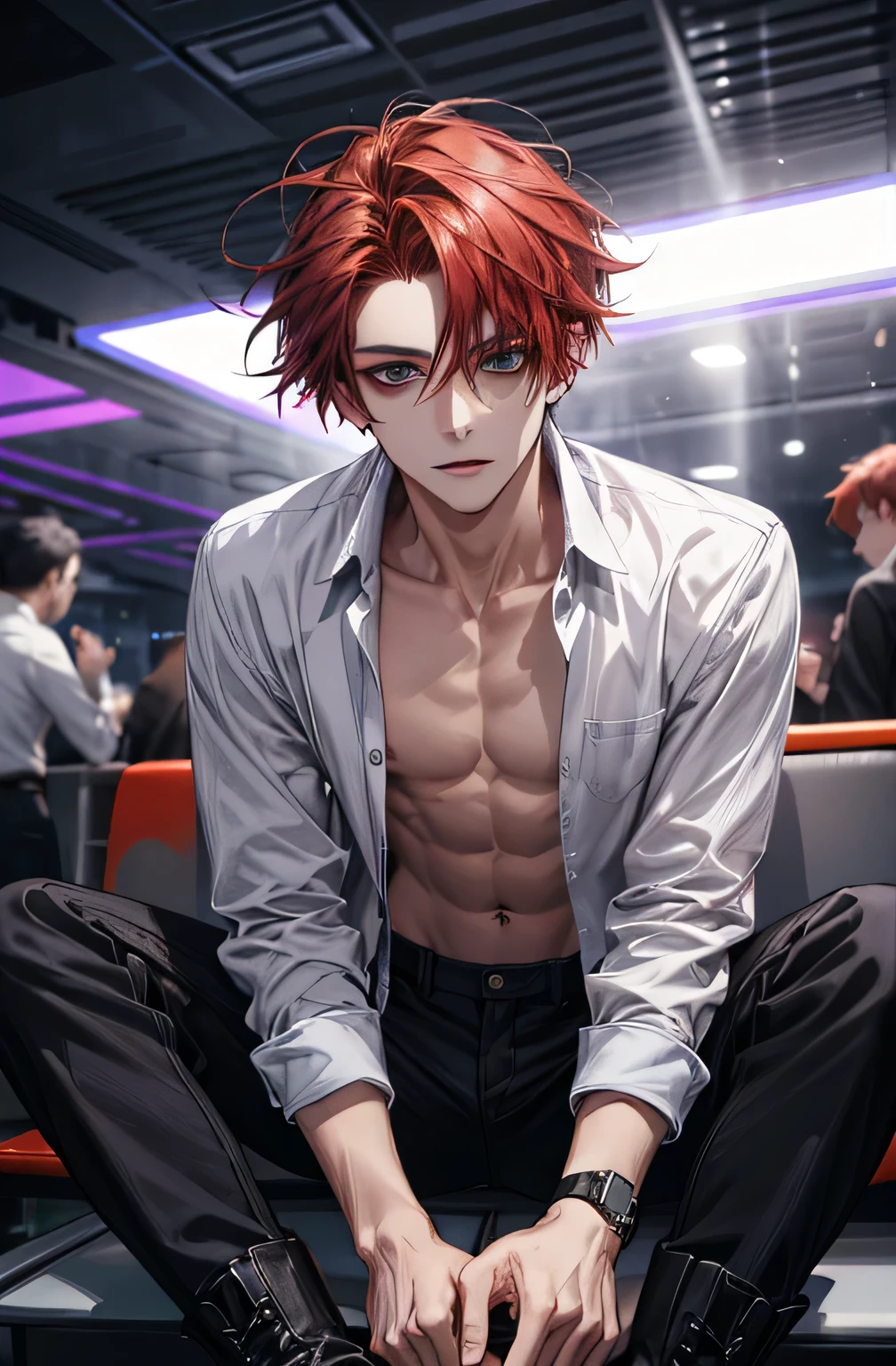 (absurdity, A high resolution, ultra detailed), 1 man, Beautiful, tall guy, mature, Man sitting, Top-down perspective, (white shirt with bare chest, ), Colorful, art, depth of field, Focus on his face, mischievous facial features, sultry, Red hair, black trousers, Jean jacket, leather black boots, The viewer looks down, In the night club