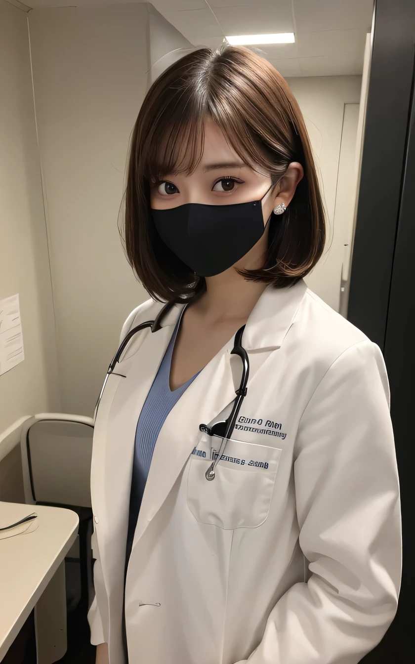 Super detailed, In detail, High resolution, 8k wallpaper, Perfect dynamic composition, Beautiful attention to detail, Doctor's attire,Short Haircut、Brown Hair、Ear piercing, , Natural color lip, Random sexy poses,Mask on mouth,20-year-old girl、 Examination room、Stethoscope
