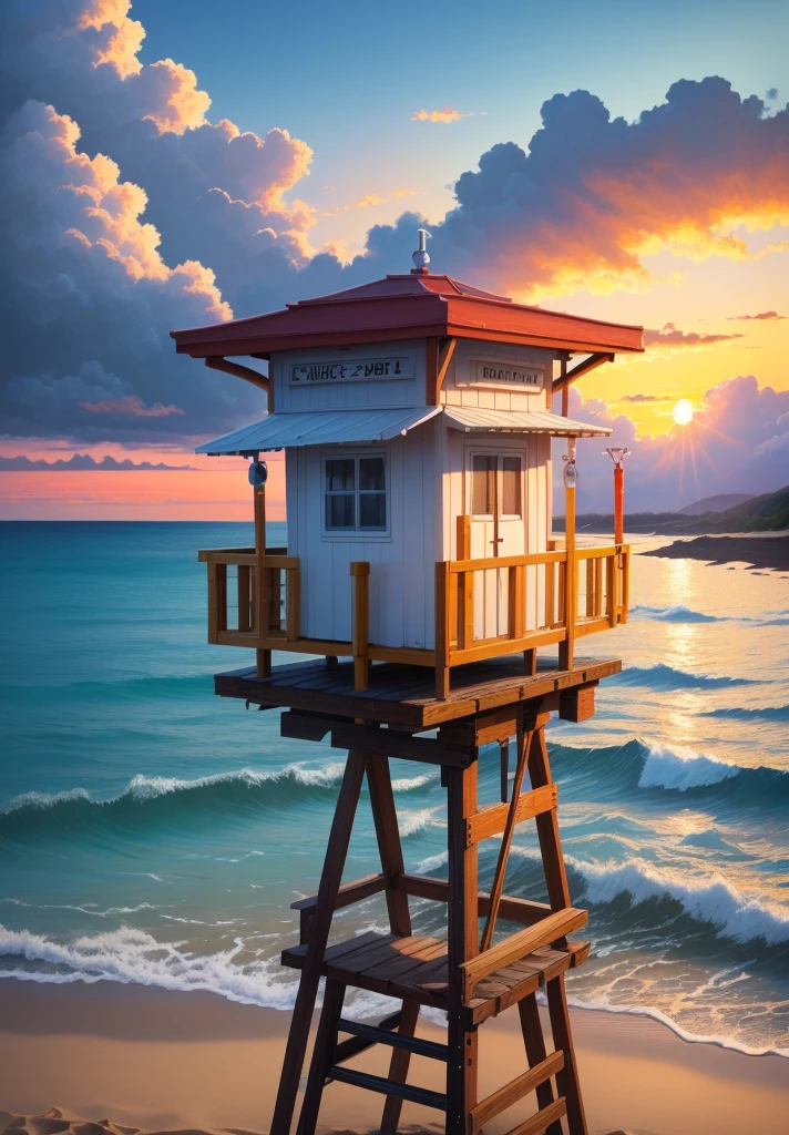 anime style, painting of a regular life sized lifeguard tower on the beach, sunset, full clouds in the sky, 1 picture