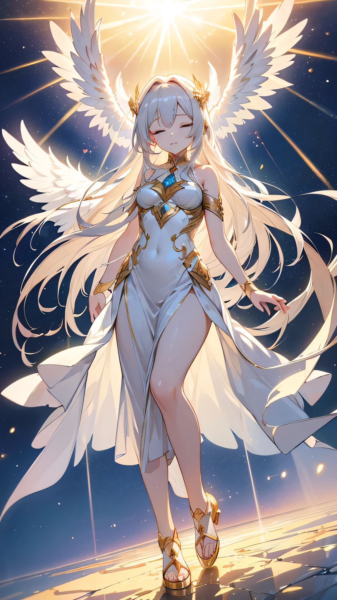 a beautiful twin goddess, silver-haired and golden-haired, divine, gorgeous, majestic, radiant, rays of light, pure white angelic wings, high quality, high resolution, masterpiece, anime style, full body