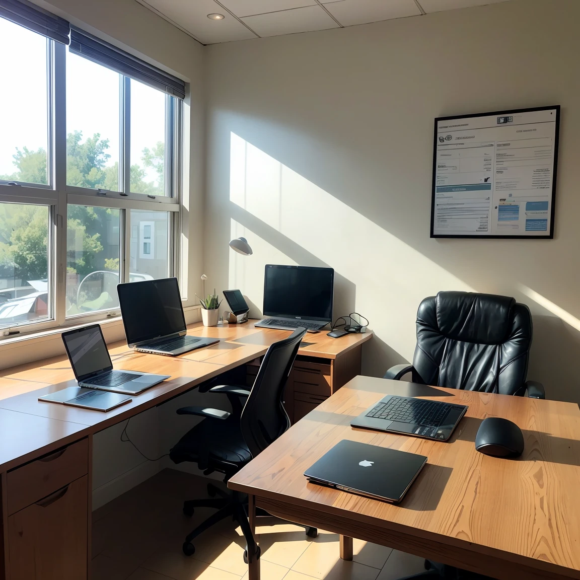 A photorealistic scene of a desk cluttered with expense reports, receipts, and a laptop displaying a spreadsheet, set in a bright, modern office. Soft natural light streaming through large windows, reflections on glossy surfaces. Created using high-resolution photography, realistic textures, natural light, hd quality, vivid style --ar 16:9 --v 6.0