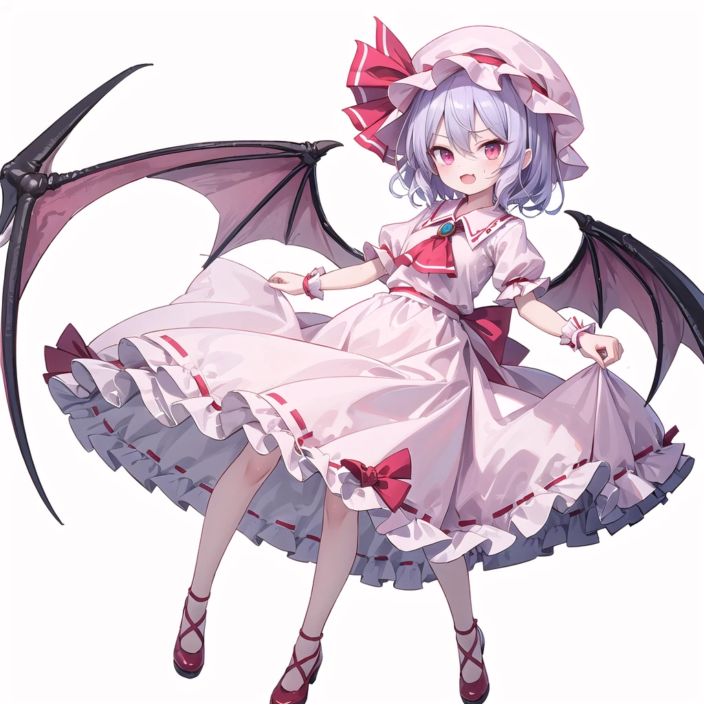 (((one women))),(((remilia scarlet))),(touhou), red eyes, short hair, purple hair, light purple hair, blue hair, slit pupils, fang, bat wings, white headwear, pink headwear, mob cap, white shirt, pink shirt, collared shirt, frilled shirt collar, red ascot, puffy short sleeves, frilled sleeves, wrist cuffs, white skirt, pink skirt, skirt set, frilled skirt, red ribbon, hat ribbon, waist bow, red bow, brooch, holding,(((full body))),(((model posing))),(((white background))),(((Diagonal angle)))