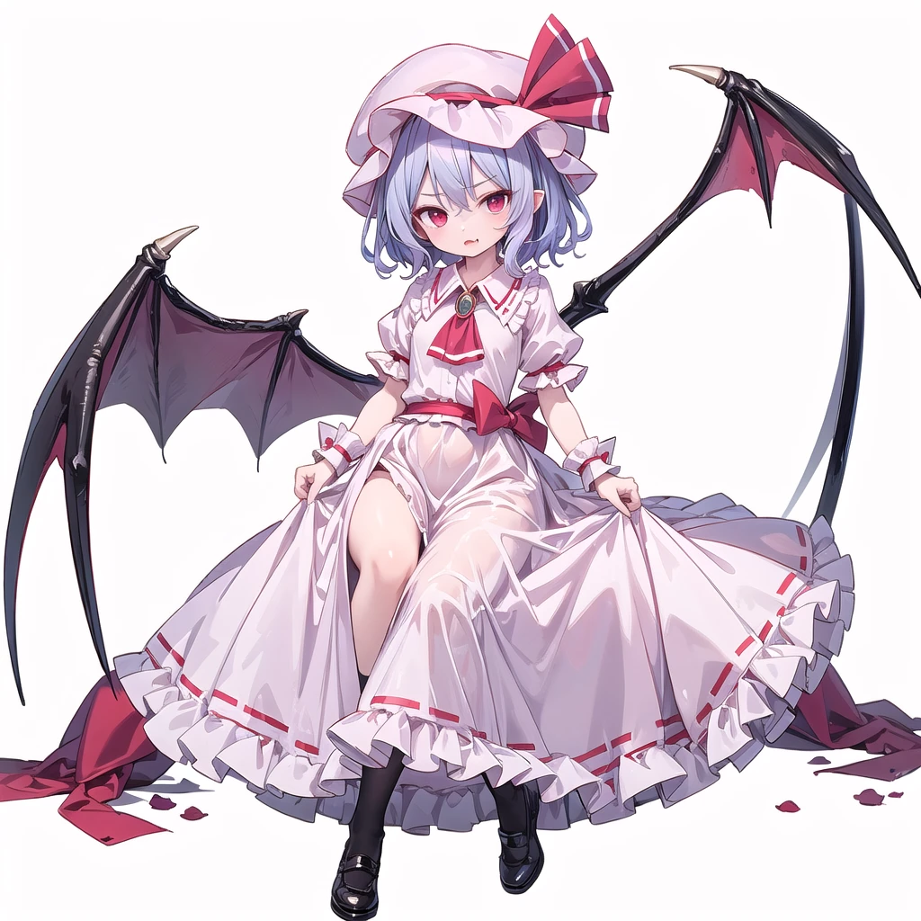 (((one women))),(((remilia scarlet))),(touhou), red eyes, short hair, purple hair, light purple hair, blue hair, slit pupils, fang, bat wings, white headwear, pink headwear, mob cap, white shirt, pink shirt, collared shirt, frilled shirt collar, red ascot, puffy short sleeves, frilled sleeves, wrist cuffs, white skirt, pink skirt, skirt set, frilled skirt, red ribbon, hat ribbon, waist bow, red bow, brooch, holding,(((full body))),(((model posing))),(((white background))),(((Diagonal angle)))