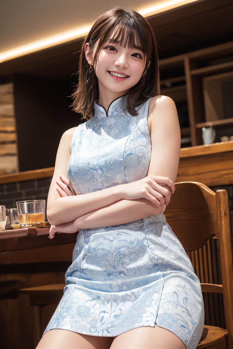 (18-year-old: 1.2), (Insincere laughter), (avert your eyes), 8K, Japanese girl raw々new portrait, Realistic, Ultra-high resolution, Highest quality, (China dress: 1.2), (From below: 1.2), Sit on a chair, Arms crossed, (Panty shot: 1.2), (High-end cafe) break (Natural skin texture, Detailed skin, Hyperrealism, Ultra Sharpness), Intricate details, Written boundary depth, Dim lighting, Korean Idol, Nogizaka idol, idol carving, actress, Fashion model posing