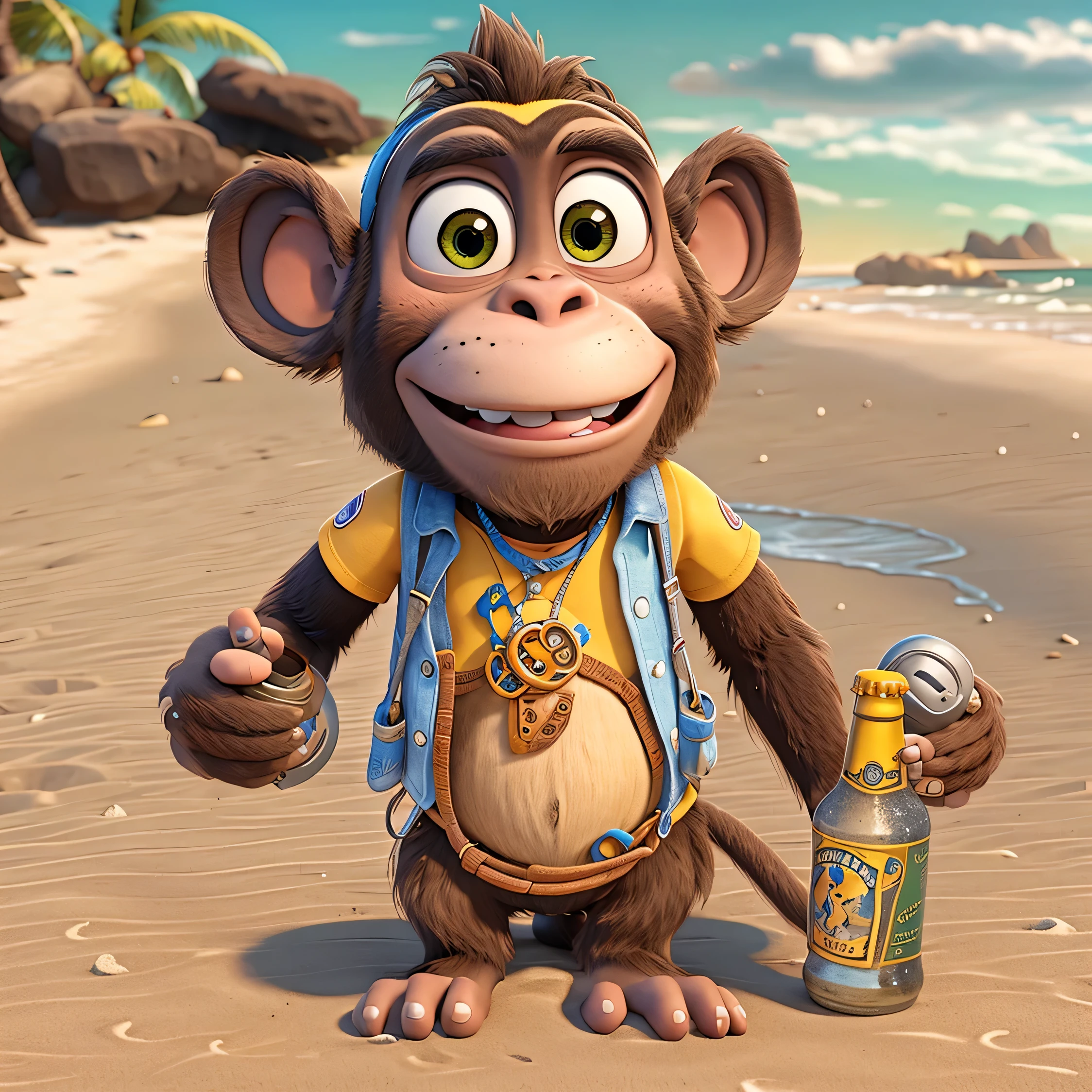 Create a 3D Disney Pixar style Monkey wearing headphones with a beer bottle in his hand. The character is standing on a beach in Hawaii