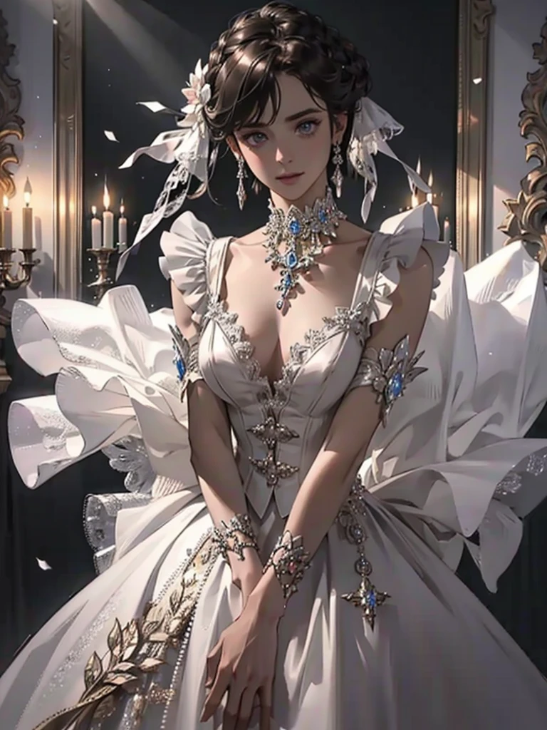 Best quality at best, tmasterpiece, A high resolution, 1Girl, Porcelain dress, hair adornments, choker necklace, jewely, pretty face, upon body, dingdall effect, actual, dark studio, edge lit, Two-tone lighting, (highdetailskin: 1.2), 8k ultra high definition, SLR camera, softlighting, high qulity, volumettic light, Frankness, photore, A high resolution, 4K, 8K, The background is blurred out,