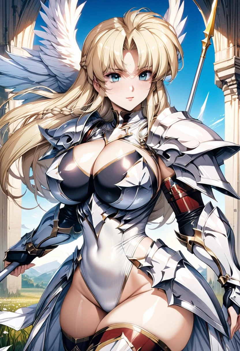 ((highest quality)), ((masterpiece)), ((hyperrealistic)), (detailed background), solo, 1girl, ((curvy: 1.2)), kawaii, gentle smile, ((angel knight)), langrisser, blonde braided long hair, dynamic pose, fighting pose, ((white leotard: 1.5)), (white paladin armor: 1.3), ((Tight-fitting latex leotard bodysuit)),((spear)), Holding a spear, swing down the spear, spear at the ready, hold the handle of a spear, ((huge breasts)), ((arm guard gauntlet)), ((zettai ryouiki thigh boots)), (big butt), (cleavage cutout), (Groin area), (thigh), beautiful aqua eyes, droopy eyes, parted bangs, perfect face, Perfect hands, perfect fingers, Blue sky and grassland, 