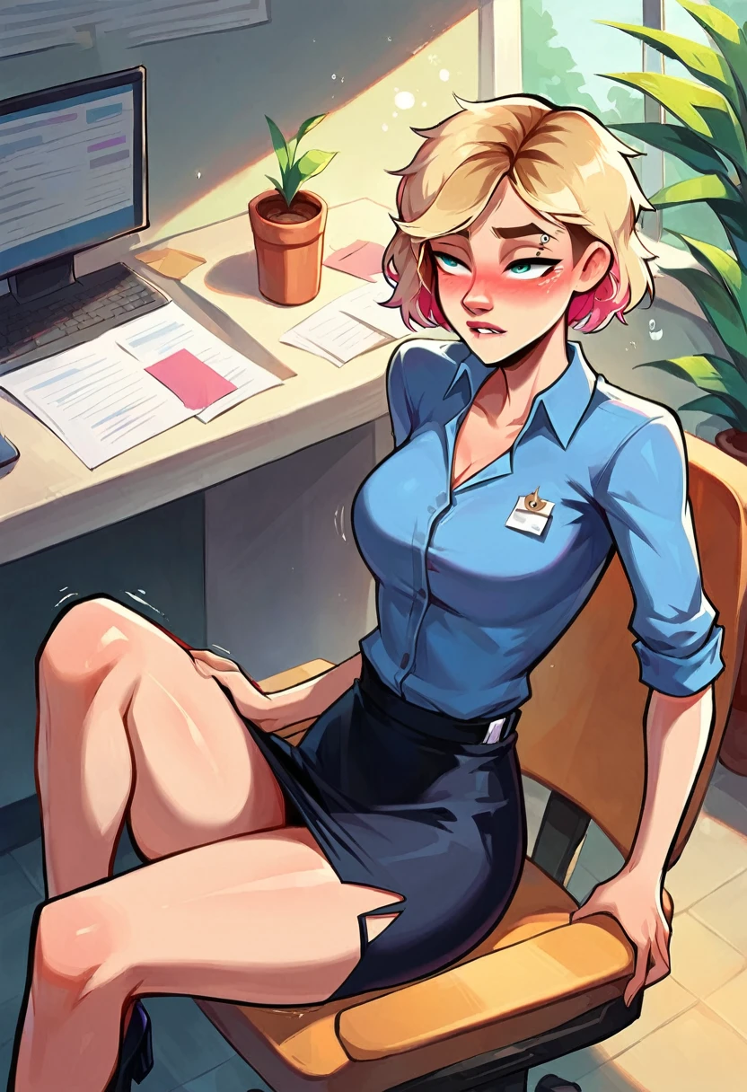 score_9, score_8_up, score_7_up, score_6_up, rating_explicit, sequence, comic, 8-panel, source_comic, perfect breasts, (short hair Gwen Stacy:1.6), wearing (sexy office attire:1.5), (modern office:1.6), blush, sitting at her desk, thighs pressed tight together, (daydreaming about the sexy interns:1.5), biting lower lip, messy hair, beautiful eyes, highly detailed eyes, glistening skin, hentai, anime.