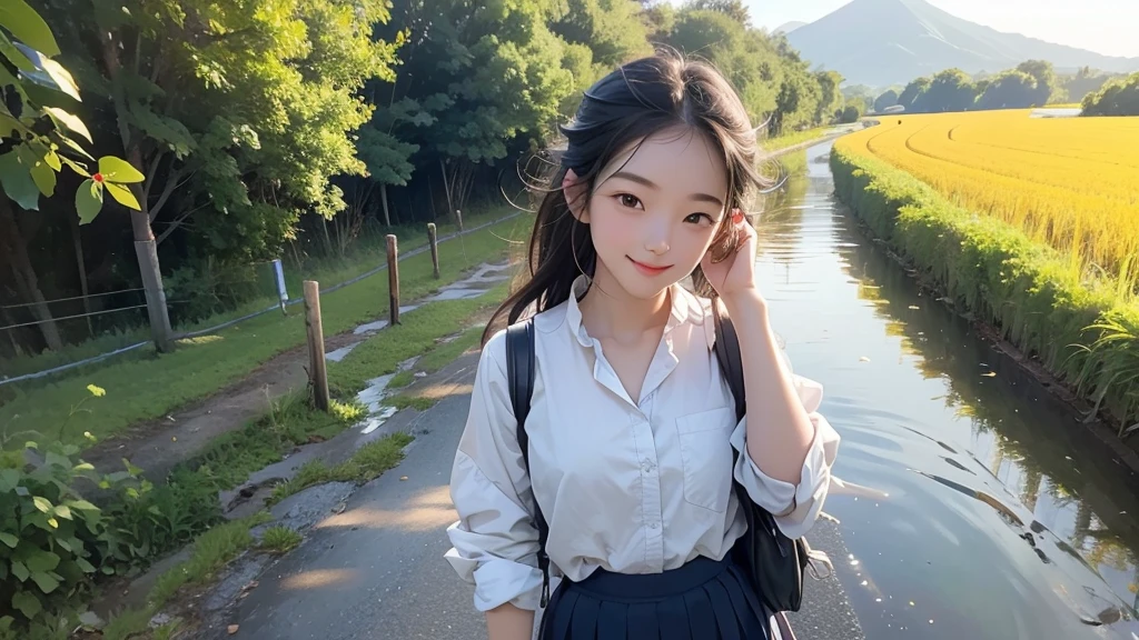 8K、RAW Photos、Highest quality、Super detailed、Super Resolution、Ultra HD、8K壁紙、Amazing details summer、evening、sunset、A rural road lined with rice fields、Paved roads、Woman walking on a country road、16 year old school girl in uniform、Drink water、School bag、Blue sky、Shining Sun、Water bottle、smile