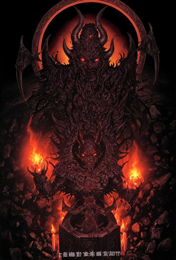 Hell God, lucifer, black face, no face, re eyes, holding glowing light sword, glowing text, against giant hell lord, ((circle light symbol)), behind head, dark fantasy art, death metal album cover, smoke, fire, lord of hell, ((diablo))