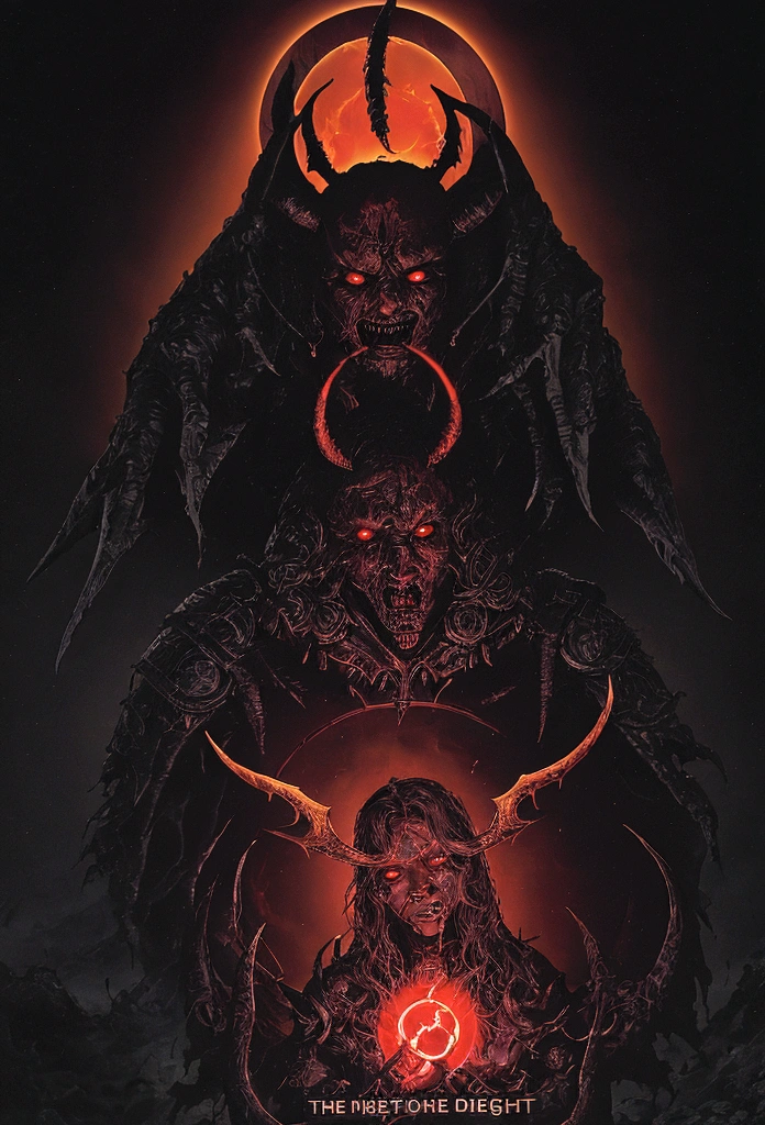 Hell God, lucifer, black face, no face, re eyes, holding glowing light sword, glowing text, against giant hell lord, ((circle light symbol)), behind head, dark fantasy art, death metal album cover, smoke, fire, lord of hell, ((diablo))