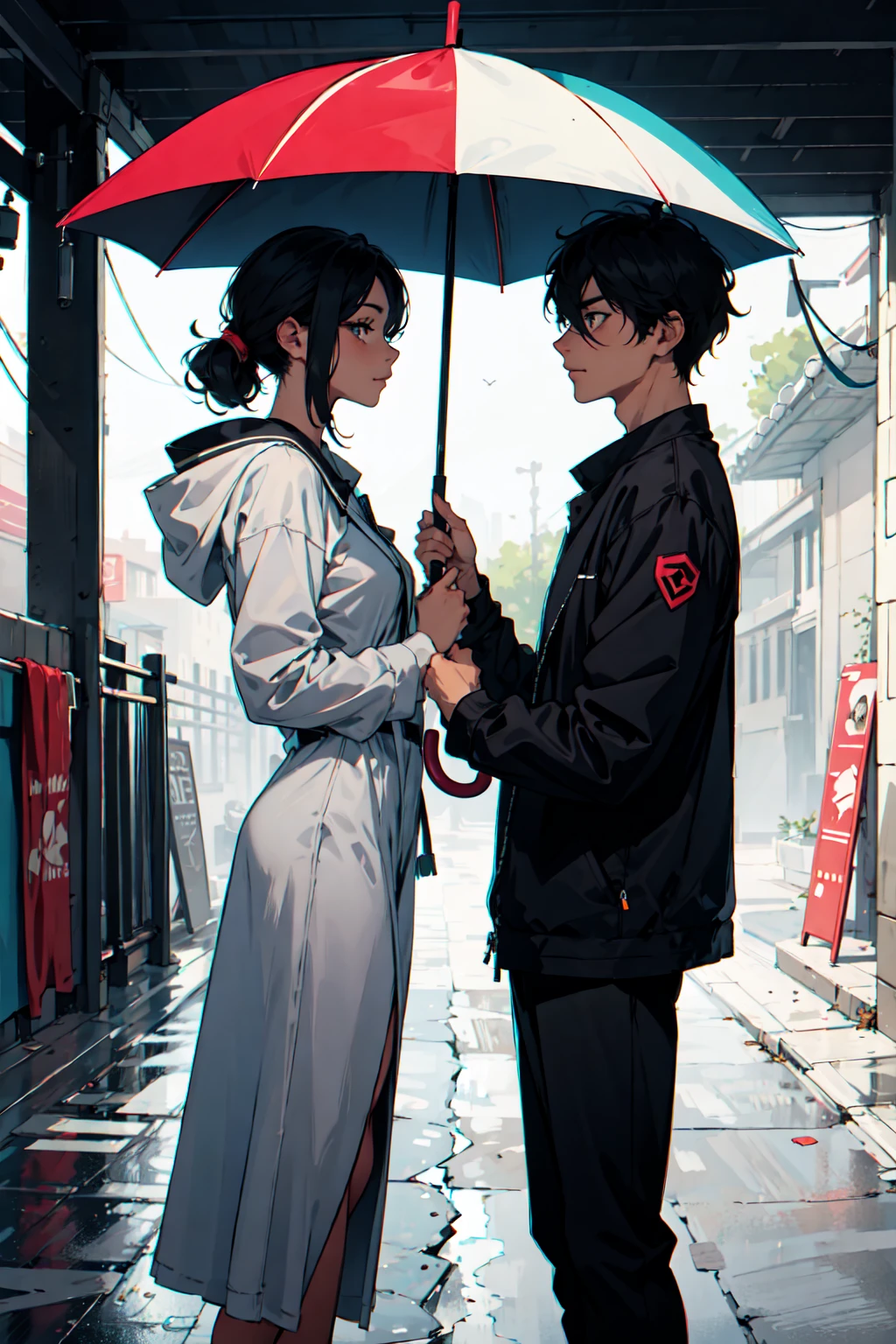 A couple holding the same umbrella，Eyes drawn，Looking at each other very ambiguously