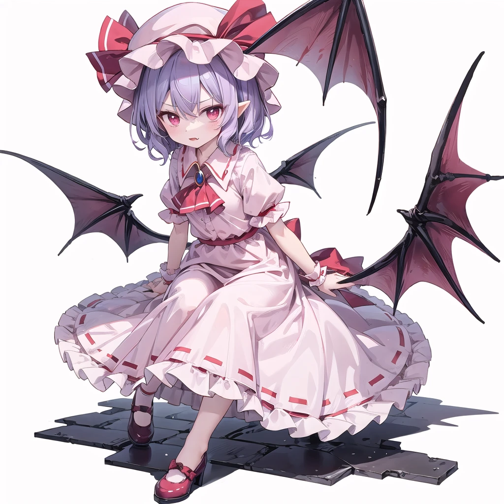(((one women))),(((remilia scarlet))),(touhou), red eyes, short hair, purple hair, light purple hair, blue hair, slit pupils, fang, bat wings, white headwear, pink headwear, mob cap, white shirt, pink shirt, collared shirt, frilled shirt collar, red ascot, puffy short sleeves, frilled sleeves, wrist cuffs, white skirt, pink skirt, skirt set, frilled skirt, red ribbon, hat ribbon, waist bow, red bow,brooch, holding,(((full body))),(((model posing))),(((white background))),(((Diagonal angle)))