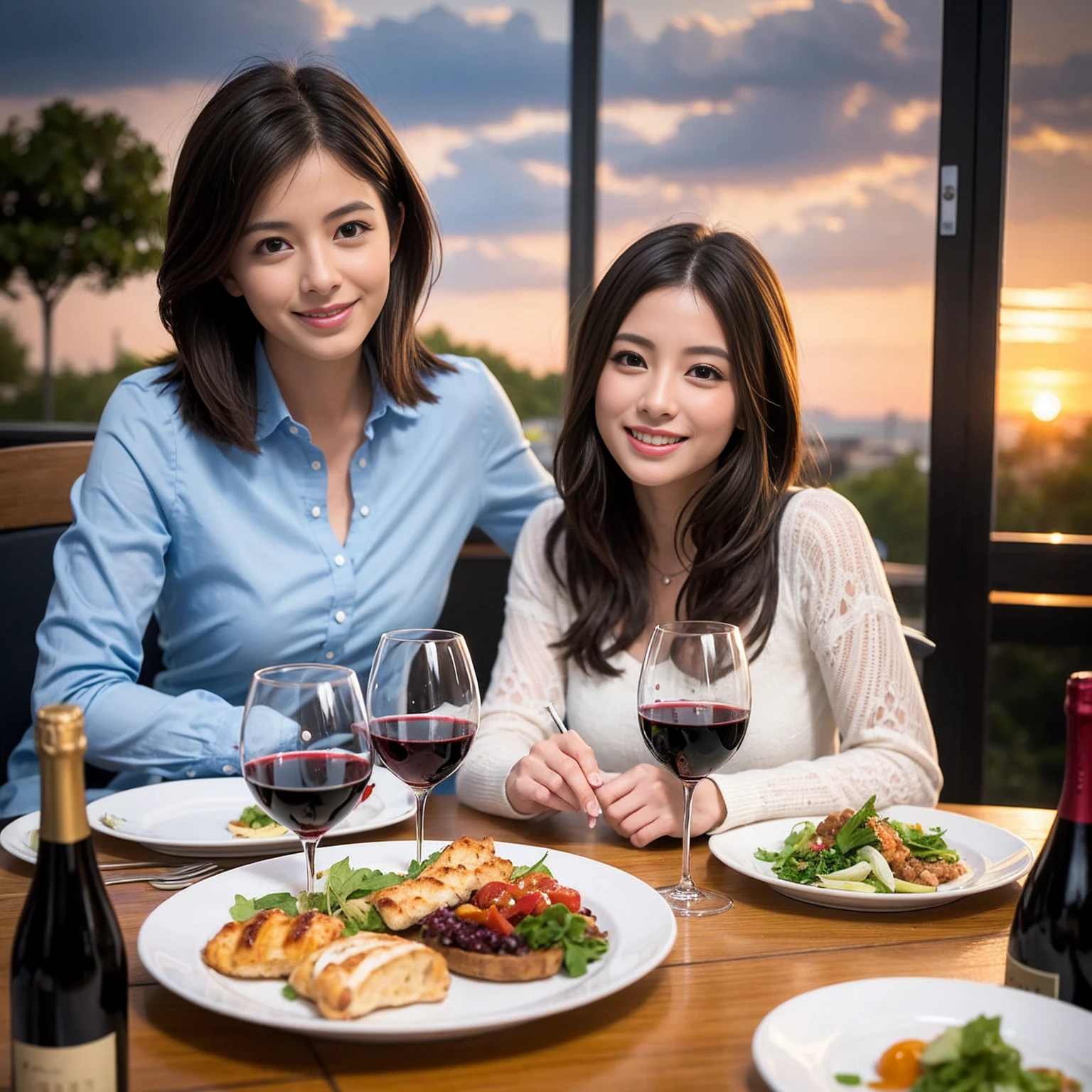 ((Highest quality、8K、masterpiece:1.3))、 (Genuineistic, Genuine、Bright image、Intricate details:1.2), 最高のsmile、1 male 1 female、Beautiful couple、Lovey-dovey lovers、Satomi Ishihara lookalike fiance、Good friends、actress couple、smile、Full-course dinner at a packed table、 (Slim face), (the body is slim), (Brown Hair), (short hair), テーブルのwine glass、Please shine a light on my face、 Amazing view of the sunset sky and clouds、 years old 39 years old, red wine 、Appetizers、Wine bottle、sparkling wine、Long sleeve shirt、dress、White wine, red wine, wine glass,