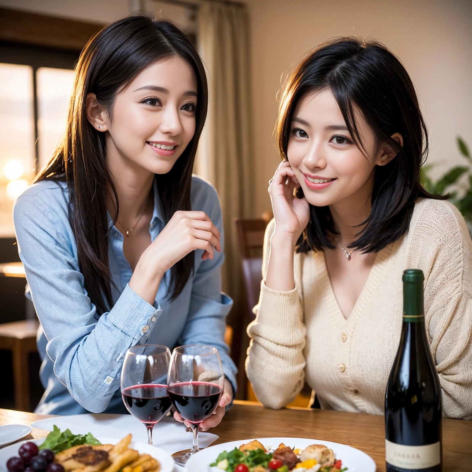 ((Highest quality、8K、masterpiece:1.3))、 (Genuineistic, Genuine、Bright image、Intricate details:1.2), 最高のsmile、1 male 1 female、Beautiful couple、Lovey-dovey lovers、Satomi Ishihara lookalike fiance、Good friends、actress couple、smile、Full-course dinner at a packed table、 (Slim face), (the body is slim), (Brown Hair), (short hair), テーブルのwine glass、Please shine a light on my face、 Amazing view of the sunset sky and clouds、 years old 39 years old, red wine 、Appetizers、Wine bottle、sparkling wine、Long sleeve shirt、dress、White wine, red wine, wine glass,