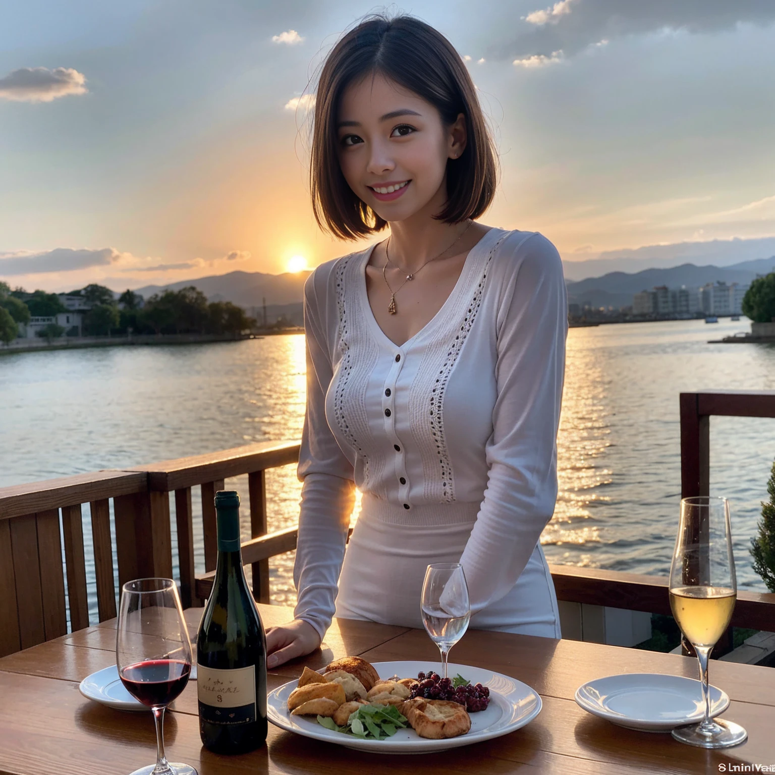 ((Highest quality、8K、masterpiece:1.3))、 (Genuineistic, Genuine、Bright image、Intricate details:1.2), 最高のsmile、1 male 1 female、Beautiful couple、Lovey-dovey lovers、Satomi Ishihara lookalike fiance、Good friends、actress couple、smile、Full-course dinner at a packed table、 (Slim face), (the body is slim), (Brown Hair), (short hair), テーブルのwine glass、Please shine a light on my face、 Amazing view of the sunset sky and clouds、 years old 39 years old, red wine 、Appetizers、Wine bottle、sparkling wine、Long sleeve shirt、dress、White wine, red wine, wine glass, 