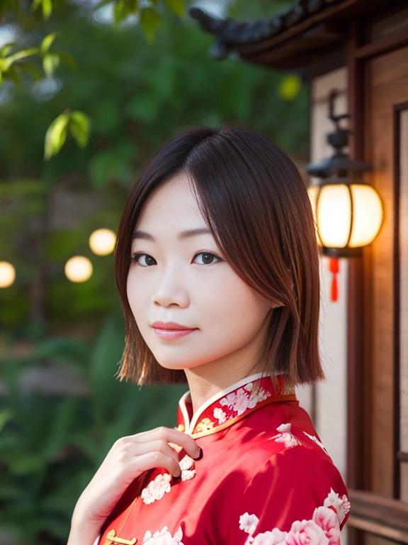 A woman wearing a Chinese dress、She is posing with a traditional Chinese garden as a backdrop。There are red lanterns and bamboo in the background.、Let the elegance and beauty of a woman shine through。
