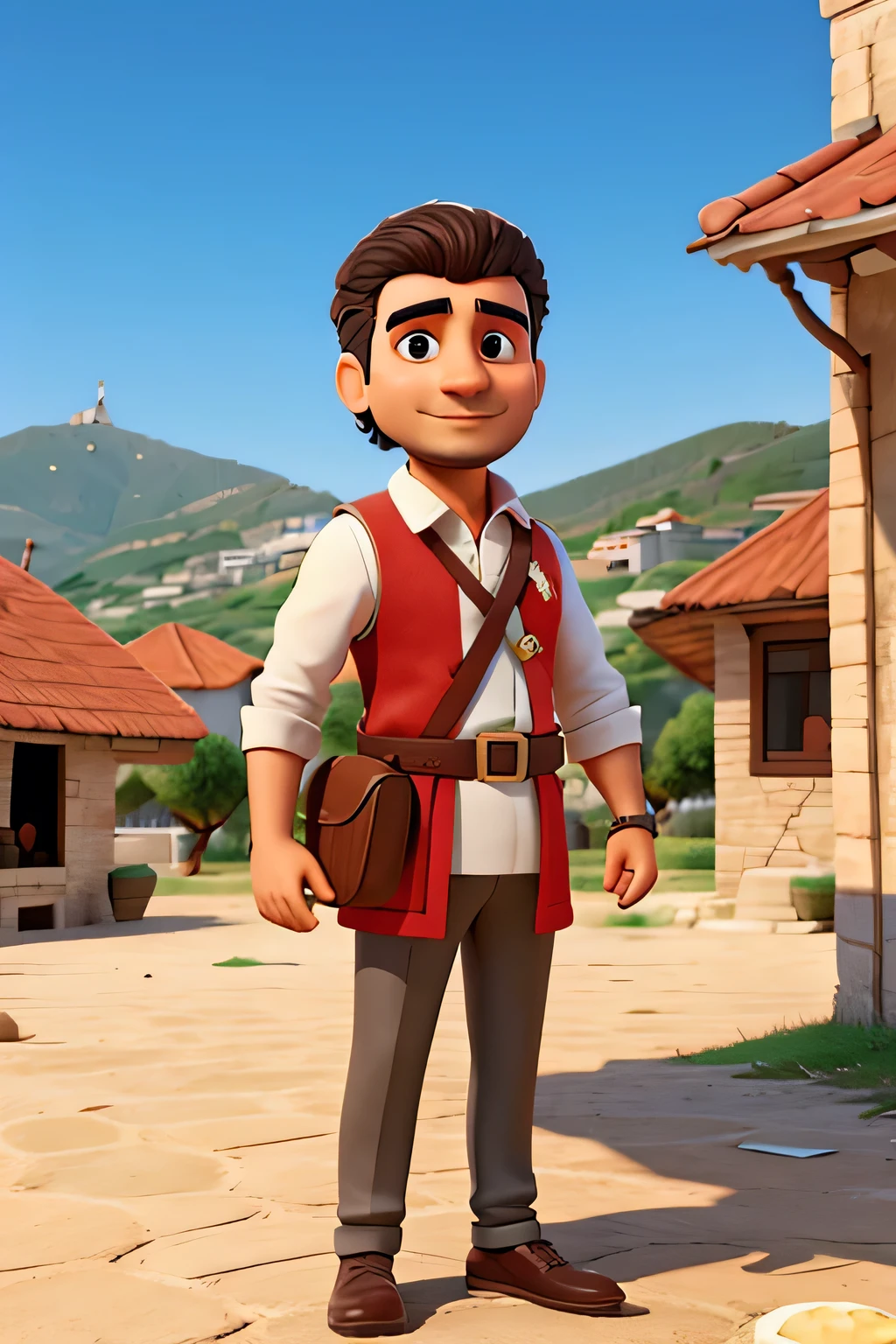 Turkish man with kebab and Turkish flag in his hand.Village in the background