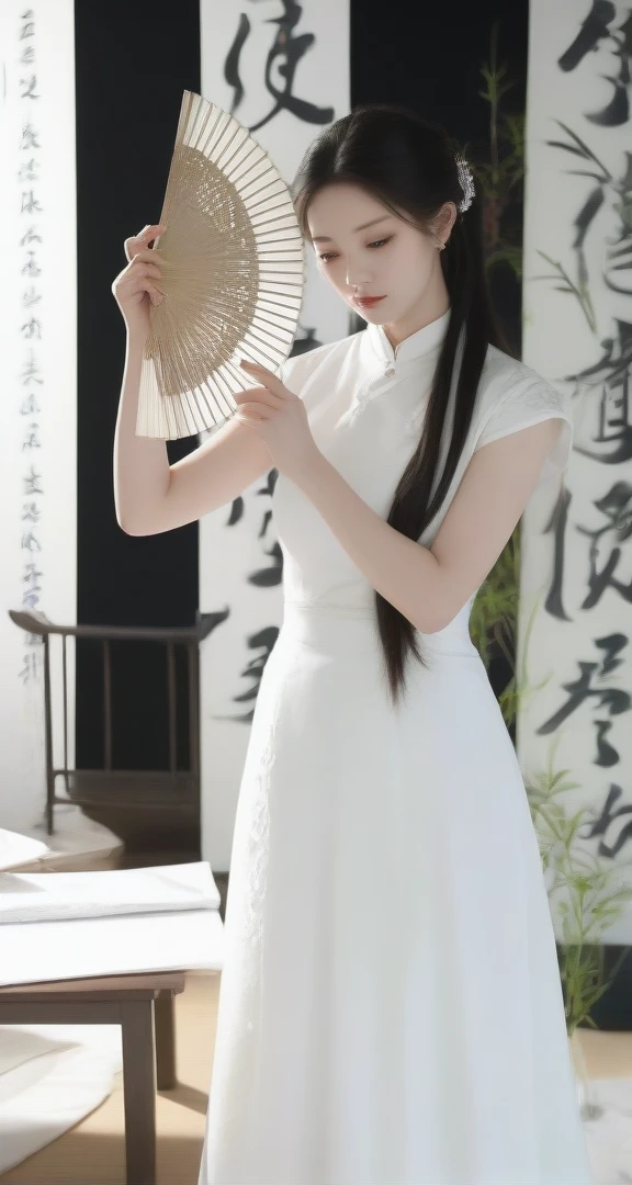 araffe woman in a white dress holding a fan in her hand, white hanfu, with acient chinese clothes, cheongsam, chinese style, traditional chinese, traditional chinese clothing, chinese girl, chinese dress, gorgeous chinese model, wearing ancient chinese clothes, inspired by Du Qiong, chinese costume, white hime cut hairstyle, style of guo hua