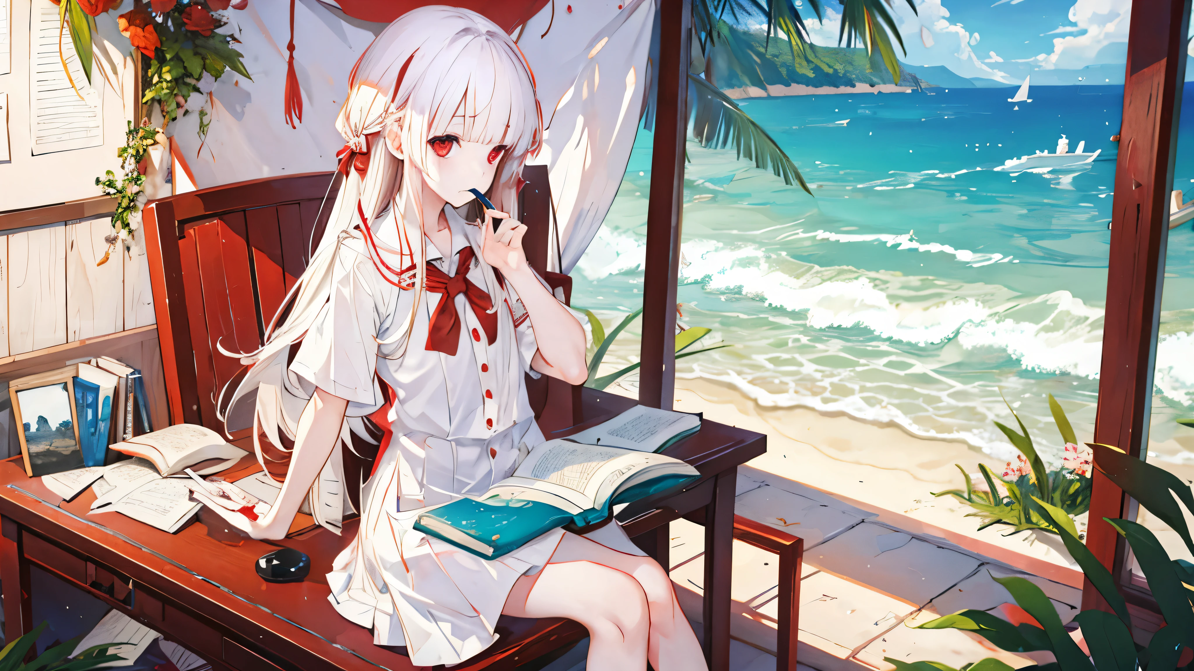 1 girl、Summer seaside、White long hair、Red eyes、Uniforms，、Sitting at the desk、looking at the book in hand、No Expression、Don&#39;t look at the camera、sunny、Waves、Big scene、，(Highest quality high resolution)、((Masterpiece Best Quality:1.2)),, [[Multiple fingers]], [[[Multiple Limbs]]]