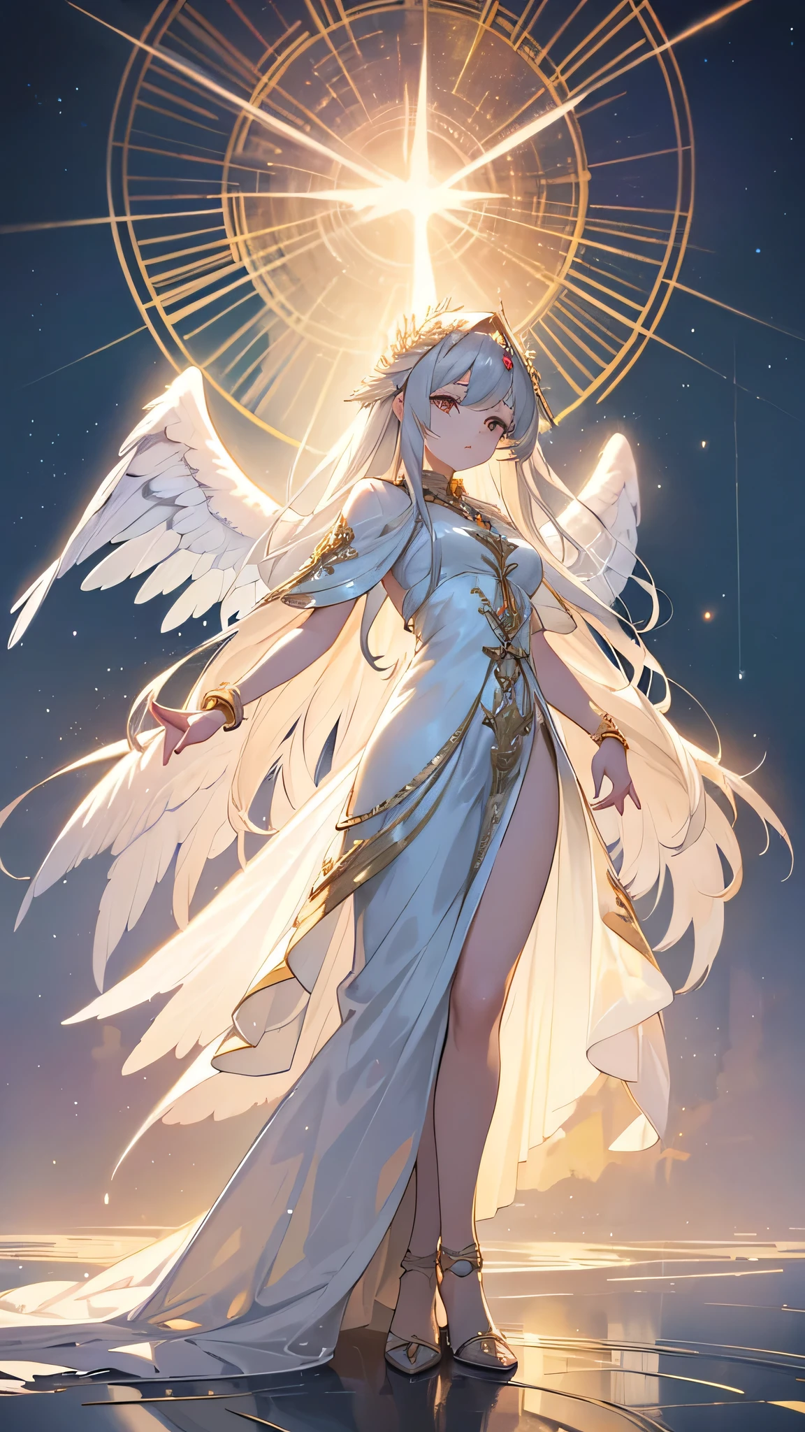 a beautiful twin goddess, silver-haired and golden-haired, divine, gorgeous, majestic, radiant, rays of light, pure white angelic wings, high quality, high resolution, masterpiece, anime style, full body