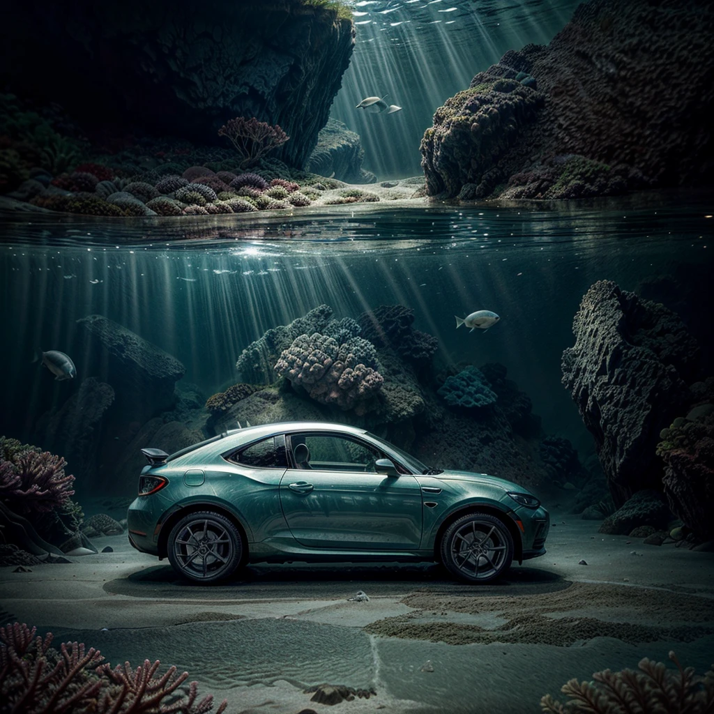 There is a sports car at the bottom of the ocean, surrounded by marine life. Light breaks through the water, creating mystical lighting. The car is partially covered with seaweed and coral, which emphasizes his prolonged stay under water. A variety of fish and other marine life swim around. A lot of details.

Details for creating a picture:

Main object:

sports car (Sports car).
Clean lines and modern car design, but with elements of corrosion and fouling by algae and corals.
ambient:

Ocean floor, covered with sand and stones.
Marine flora: algae, armed, sea grass.
Marine fauna: various types of fish, Maybe, small sharks, Jellyfish.
Lighting & Atmosphere:

Scattered light, penetrating through the water from above, creating soft light rays.
Shadows & Depth, giving the image realism.
Bluish and greenish shades, characteristic of the underwater environment.
Additional elements (Optional):

Shipwrecks or old chests in the distance to add ambience.
little air bubbles, rising from the car.
Style and mood:

Realistic style with high detail.
Mystical and slightly mysterious atmosphere.
Combination of modern and natural.
Technical specifications:

a high resolution.
Realistic stylization.
Detailed elements of the car and the underwater world.
Effective use of light and shadow to create depth and realism.