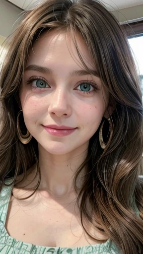 White woman, 35 years old, Brown hair, long hair, messy hair, Nice face, simetric face, Green eyes, Nice body, cute dress, smile, earrings 