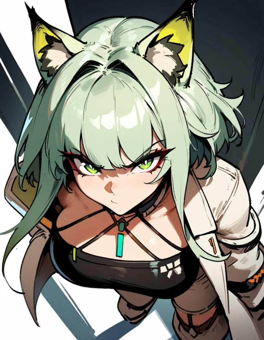 1girl, kal'tsit \(arknights\), arknights \\\\\ masterpiece, best quality, very aesthetic, absurdres, newest \\\\\\ slim body,///// ,by nyantcha,cutesexyrobutts , by khyle,,////// ,,,, , ,,detailed face, , ,, , , , , beautiful face, (white background:1.2), , sexy, , serious.angry, green eyes, animal ears, , ,,,big tits,), in the center of the frame,,, ,wears a lab coat, ,full body , solo, top view