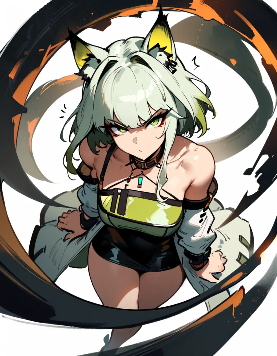 1girl, kal'tsit \(arknights\), arknights \\\\\ masterpiece, best quality, very aesthetic, absurdres, newest \\\\\\ slim body,///// ,by nyantcha,cutesexyrobutts , by khyle,,////// ,,,, , ,,detailed face, , ,, , , , , beautiful face, (white background:1.2), , sexy, , serious.angry, green eyes, animal ears, , ,,,big tits,),  in the center of the frame,,, ,wears a lab coat, ,full body ,  solo