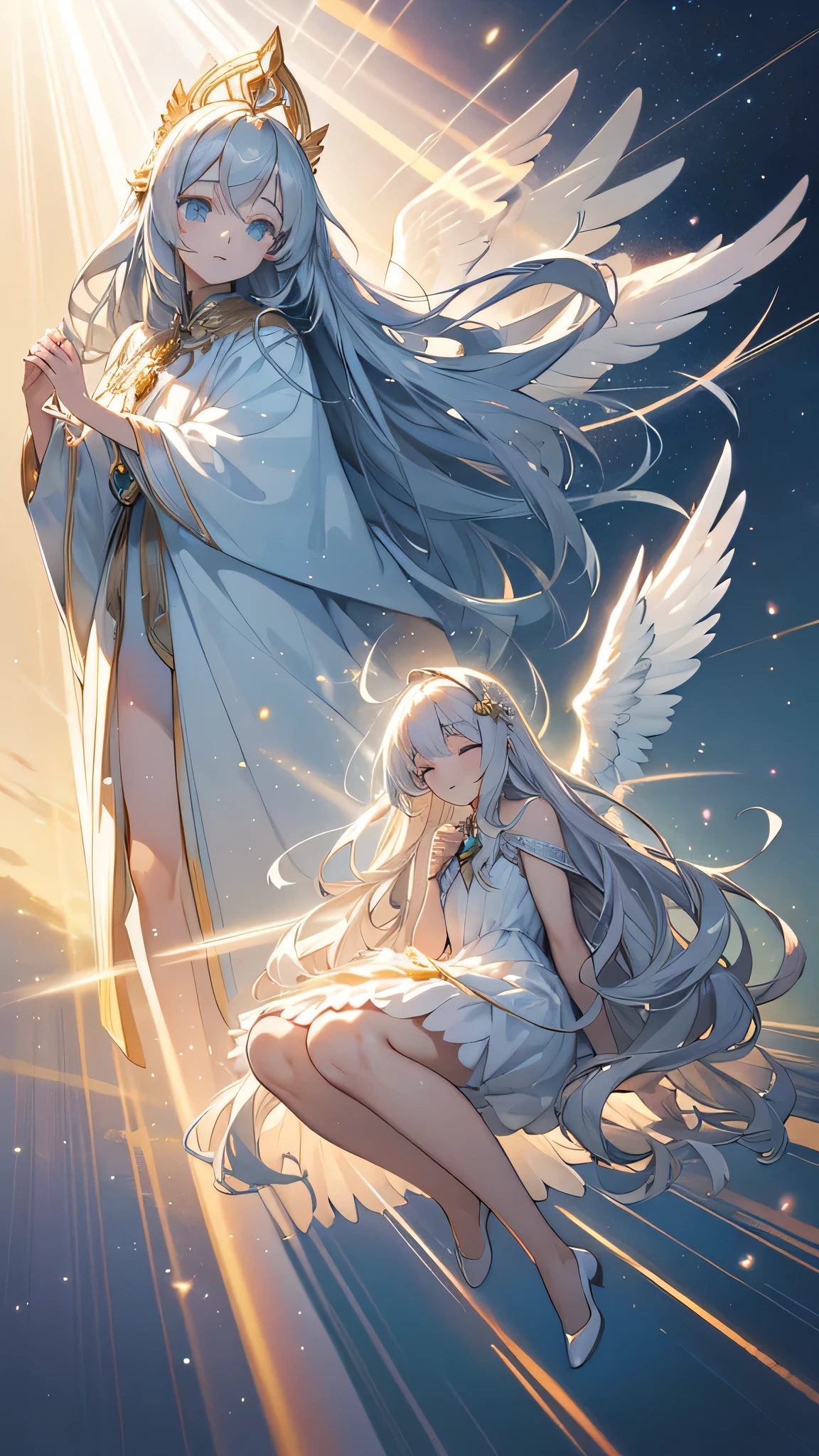 a beautiful twin goddess, silver-haired and golden-haired, divine, gorgeous, majestic, radiant, rays of light, pure white angelic wings, high quality, high resolution, masterpiece, anime style, full body