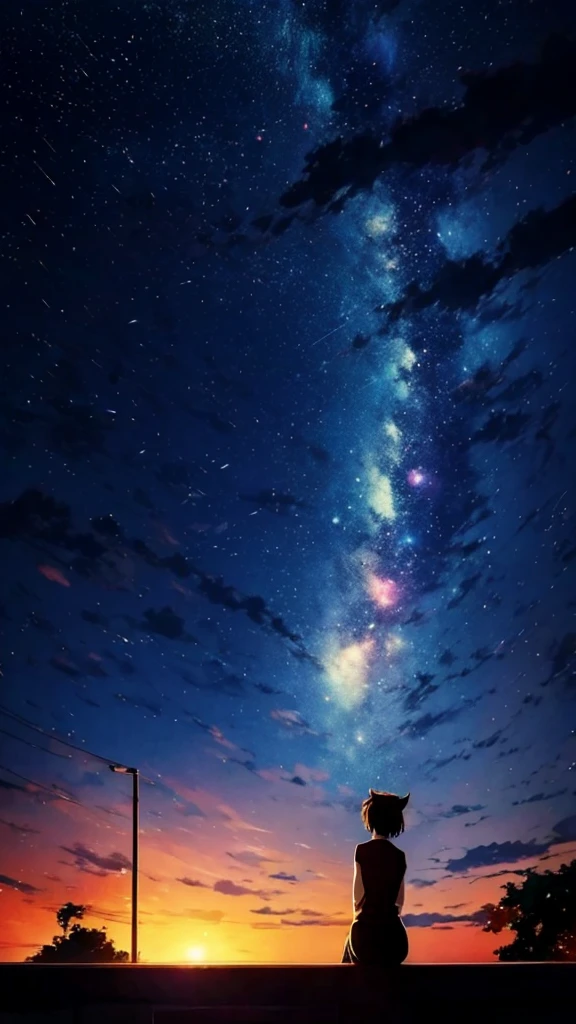 anime painting inspired by Makoto Shinkai, space art, sideways black cat sitting on the roof of a building looking at the sky, mysterious, fantastic, meteor shower, intricate lights, twinkling city lights, (unmanned),