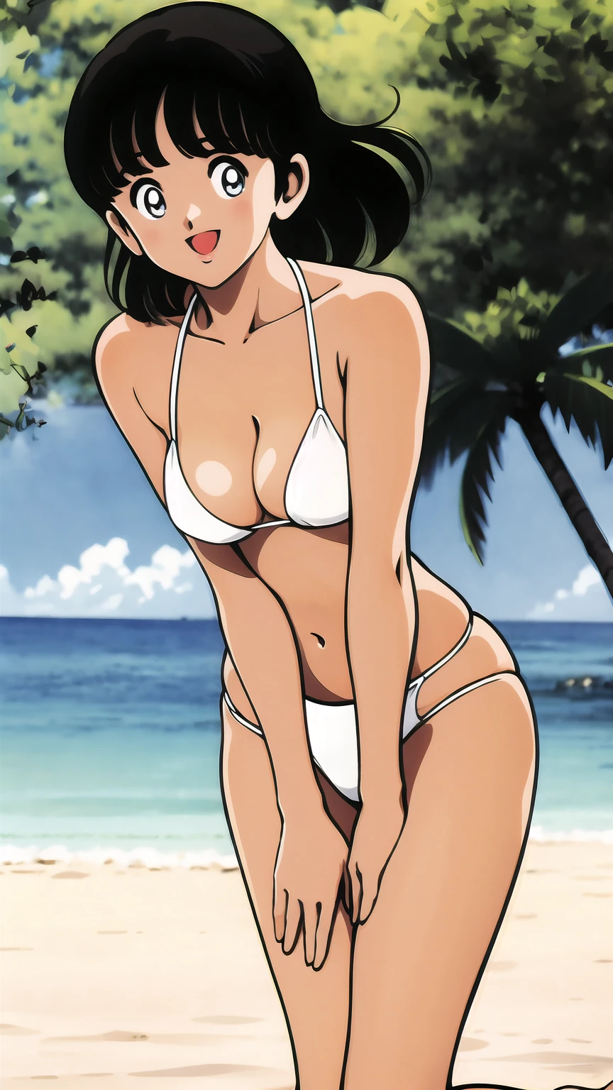 (((character:asakura minami:1.3))),((masterpiece)),((highest quality)),Super detailed,(thin entire outline),enlightenment,explicit,1girl,solo,black hair,medium hair,black eyes,small nose,perfect body,beautiful body,beautiful character design,perfect eyes,perfect face,((happy smile)),small open mouth,(enjoy,having fun:1.2),perspiration,wallpaper,ultra high resolution,8k,photo shoot,(beautiful large breast:1.2),beautiful legs,perfect feet,beautiful skin,fair skin,smooth skin,official style,official art,make a screen cap,outdoor,(summer beach),sunshine,bright lighting,(white micro bikinis),split legs,peace sign,