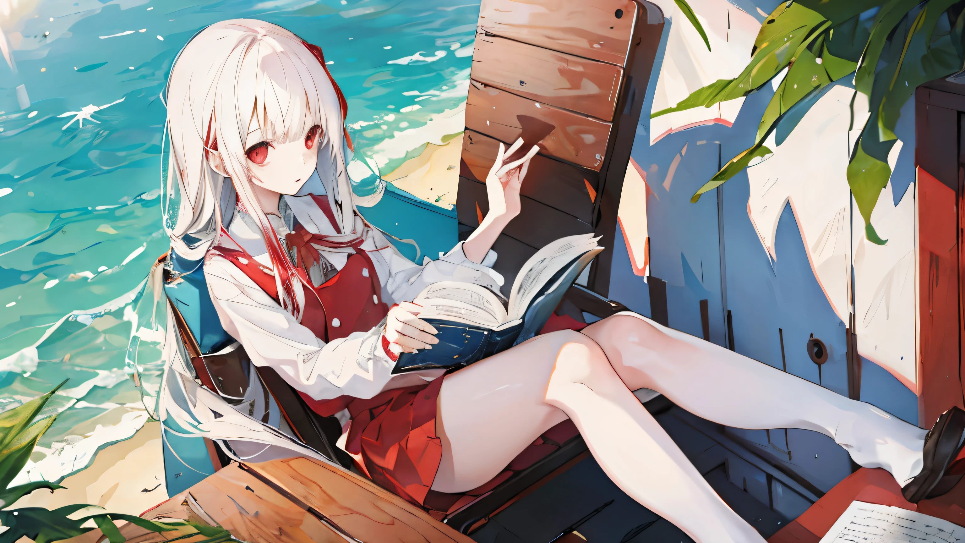 1 girl、Summer seaside、White long hair、Red eyes、Uniforms，、Sitting at the desk、looking at the book in hand、No Expression、Don&#39;t look at the camera、sunny、Waves、Big scene、，(Highest quality high resolution)、((Masterpiece Best Quality:1.2)),, [[Multiple fingers]], [[[Multiple Limbs]]]