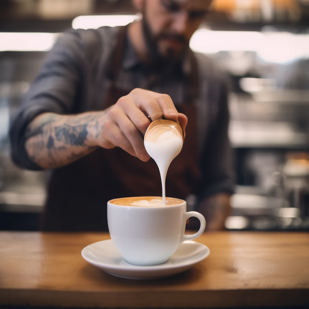 close up of a barista hands, holding a coffee cup, making latte art, background with in a cafe shop, with coffee machine, intricate, elegant, highly detailed, dramatic light, sharp focus, illuminated, sublime, extremely lush, cinematic color, bright colors, perfect, aesthetic, very inspirational, innocent, fine detail, clear artistic quality, open loving, charismatic, inspired, confident, emotional, vibrant, complex, marvelous, thought