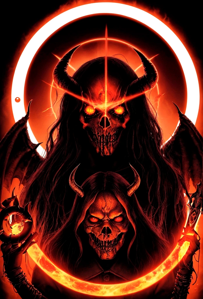 Hell God, lucifer, black face, no face, re eyes, holding glowing light sword, glowing text, against giant hell lord, ((circle light symbol)), behind head, dark fantasy art, death metal album cover, smoke, fire, lord of hell, ((diablo))