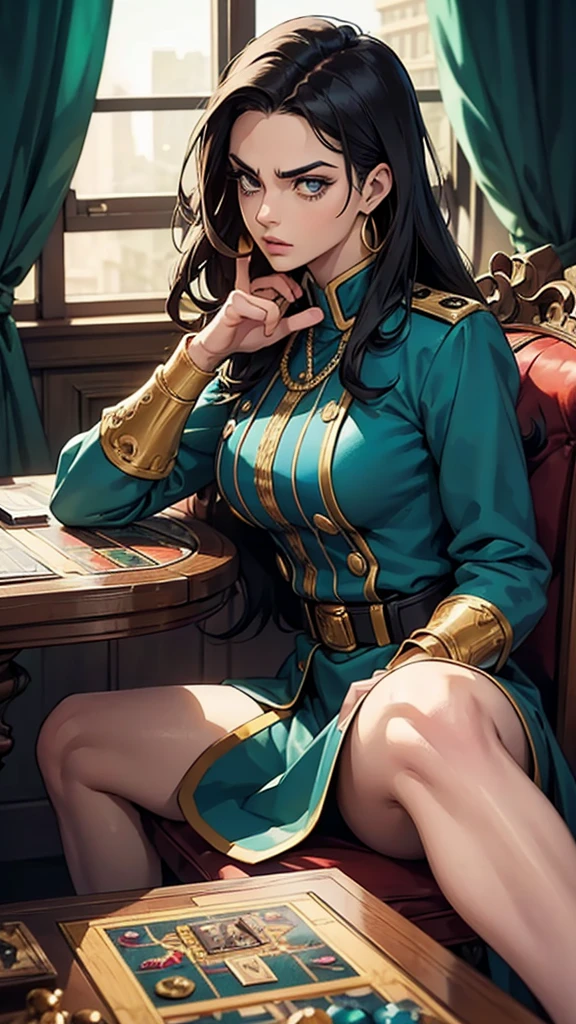 “Create an image in the style of JoJo’s Bizarre Adventure, featuring two characters sitting at a table playing a board game. The characters have exaggerated poses, intense expressions, and dynamic manga-style lines. One character is wearing a military-style uniform with intricate details and a serious expression, while the other character is wearing a richly decorated dress with elaborate jewelry, displaying a confident and thoughtful expression. The table is covered with various game pieces, cards, and tokens, with a detailed background showing elegant curtains and a window. Incorporate vibrant and rich colors into the scene to add more visual impact, making sure the colors blend naturally and enhance the overall composition.”