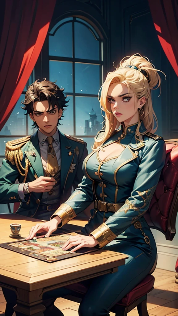 “Create an image in the style of JoJo’s Bizarre Adventure, featuring two characters sitting at a table playing a board game. The characters have exaggerated poses, intense expressions, and dynamic manga-style lines. One character is wearing a military-style uniform with intricate details and a serious expression, while the other character is wearing a richly decorated dress with elaborate jewelry, displaying a confident and thoughtful expression. The table is covered with various game pieces, cards, and tokens, with a detailed background showing elegant curtains and a window. Incorporate vibrant and rich colors into the scene to add more visual impact, making sure the colors blend naturally and enhance the overall composition.”