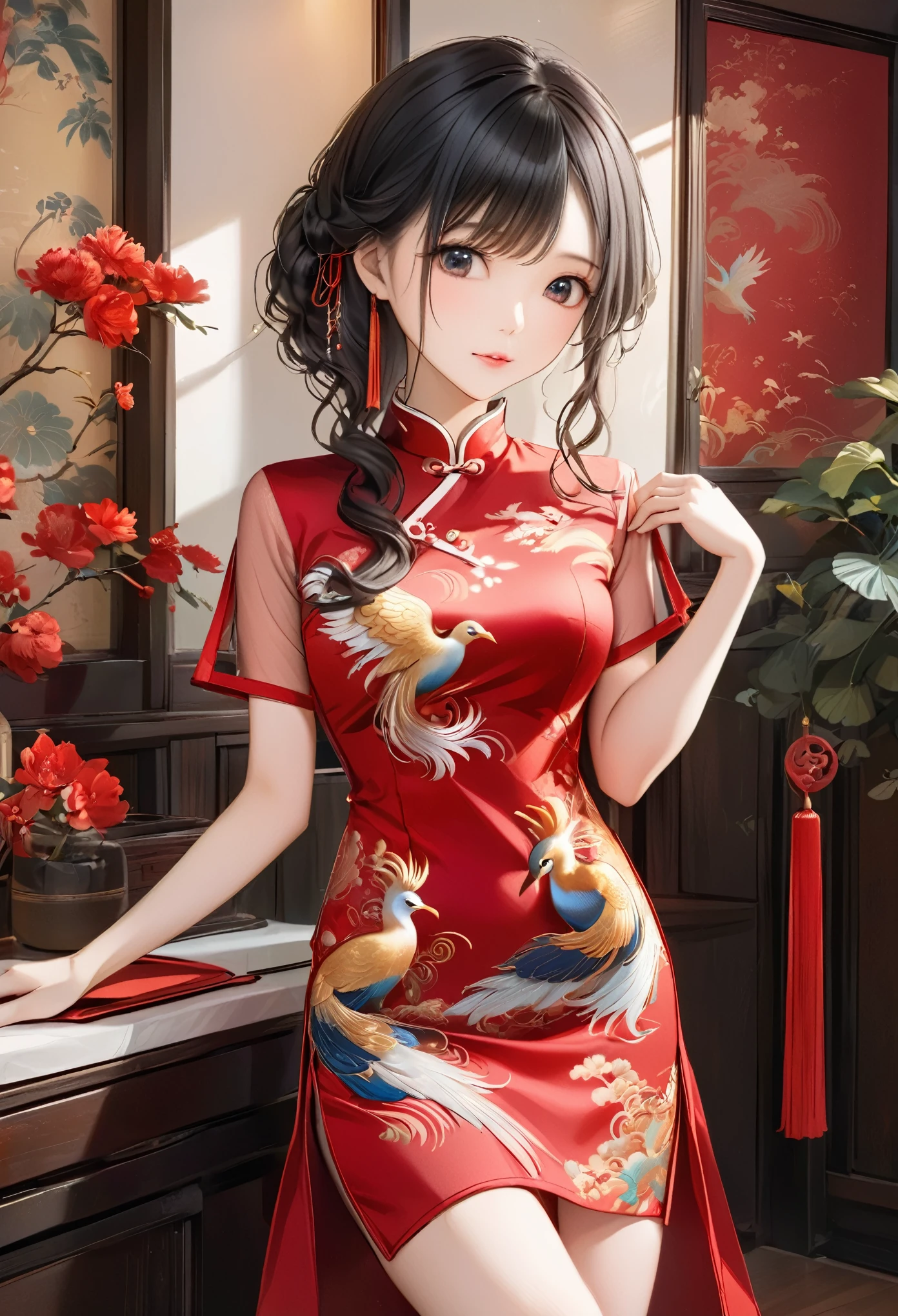 (masterpiece, best quality:1.2),Wavy hair secretary，solitary,Exquisite eyes,Fine black hair，( Smooth skin:1.2)( Wear a cheongsam with a gorgeous phoenix pattern:1.2)， Slender body proportions，Gorgeous room（（Intricate details））