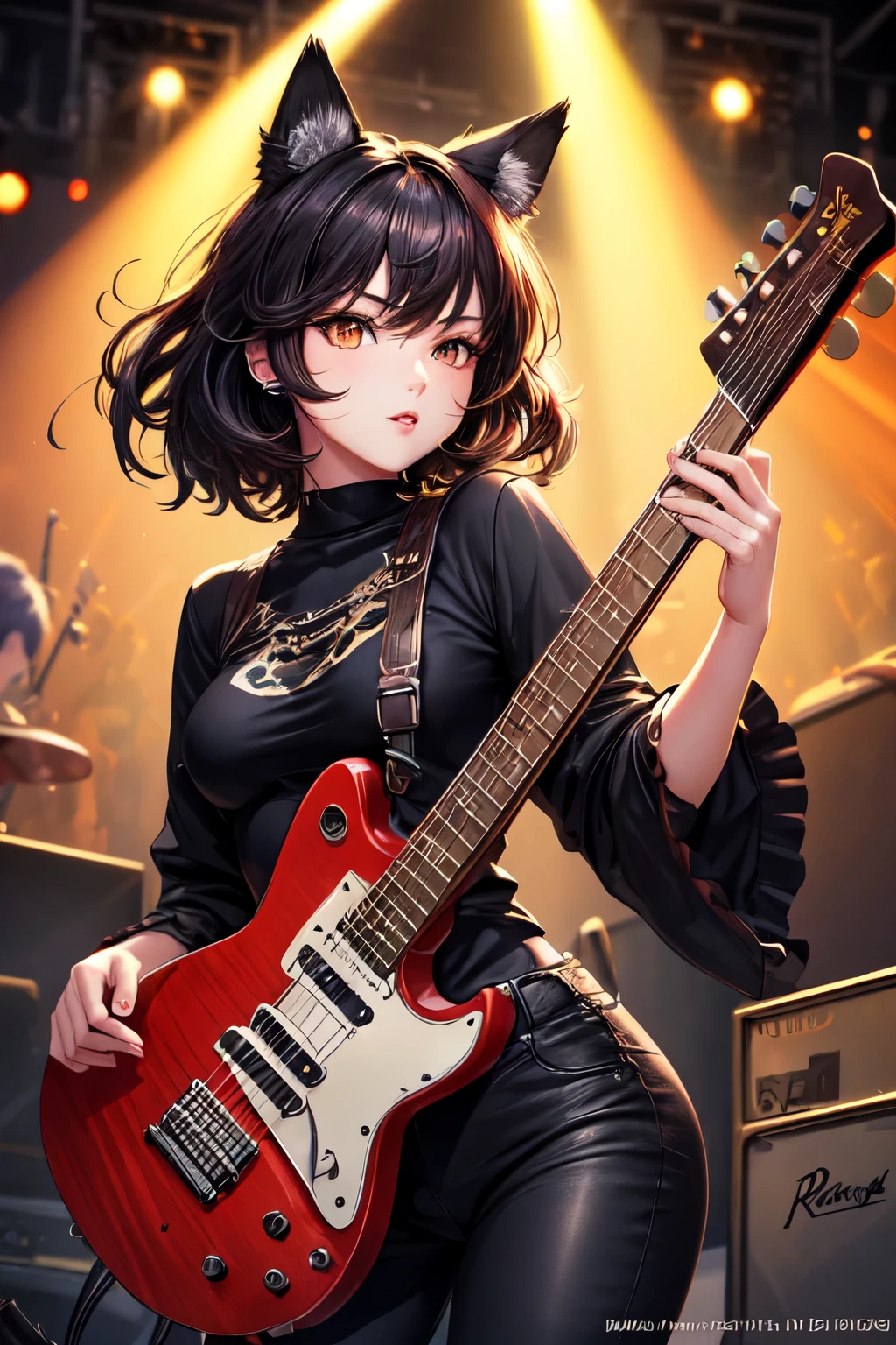 High quality digital art, rock concert, Girl with black wolf ears, Black amber hair color, Healthy, slim and fit body, Brown eyes, eyelash, Dark rocker outfit, Rock Guitar