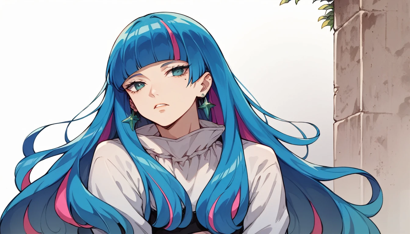 eida, blue hair, blunt bangs, colored colored inner hair, long hair, earrings, long sidelocks, chilling in cafe