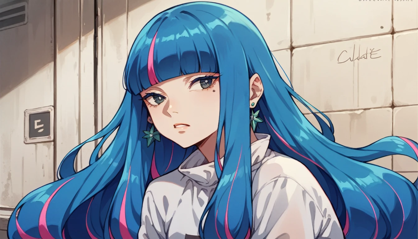 eida, blue hair, blunt bangs, colored colored inner hair, long hair, earrings, long sidelocks, chilling in cafe