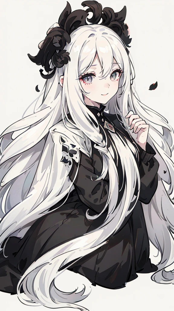 Woman , long wavy white hair, long wavy white hair , long wavy hair, long wavy hair, black siren eyes, black siren eyes, FOV, f1.8, masterpiece, front portrait shot, black and white casual modern clothing, plain white colored background with black petals, black petals, close up, smiling, full body shot, full body
