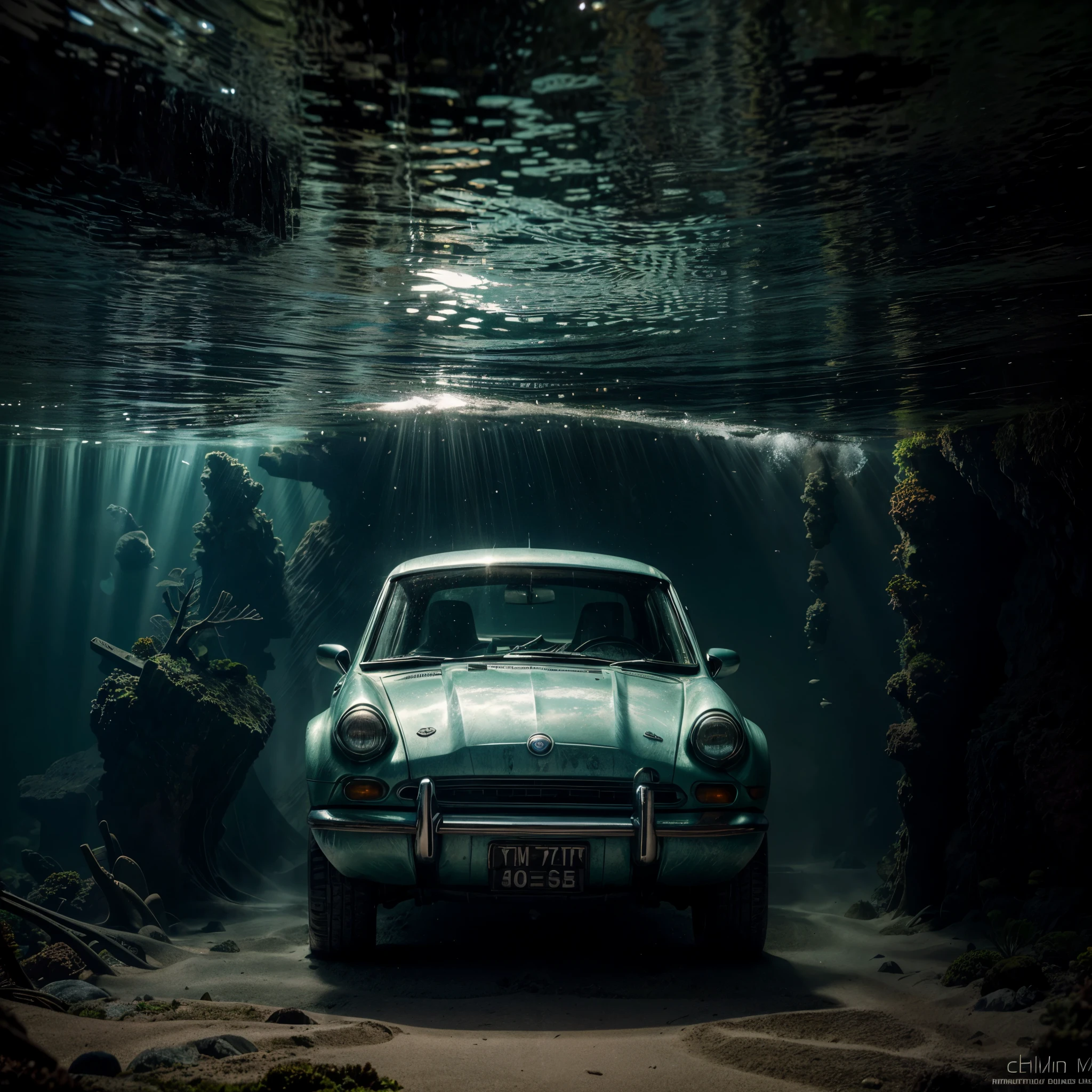 There is a sports car at the bottom of the ocean, surrounded by marine life. Light breaks through the water, creating mystical lighting. The car is partially covered with seaweed and coral, which emphasizes his prolonged stay under water. A variety of fish and other marine life swim around. A lot of details.

Details for creating a picture:

Main object:

sports car (Sports car).
Clean lines and modern car design, but with elements of corrosion and fouling by algae and corals.
ambient:

Ocean floor, covered with sand and stones.
Marine flora: algae, armed, sea grass.
Marine fauna: various types of fish, Maybe, small sharks, Jellyfish.
Lighting & Atmosphere:

Scattered light, penetrating through the water from above, creating soft light rays.
Shadows & Depth, giving the image realism.
Bluish and greenish shades, characteristic of the underwater environment.
Additional elements (Optional):

Shipwrecks or old chests in the distance to add ambience.
little air bubbles, rising from the car.
Style and mood:

Realistic style with high detail.
Mystical and slightly mysterious atmosphere.
Combination of modern and natural.
Technical specifications:

a high resolution.
Realistic stylization.
Detailed elements of the car and the underwater world.
Effective use of light and shadow to create depth and realism.